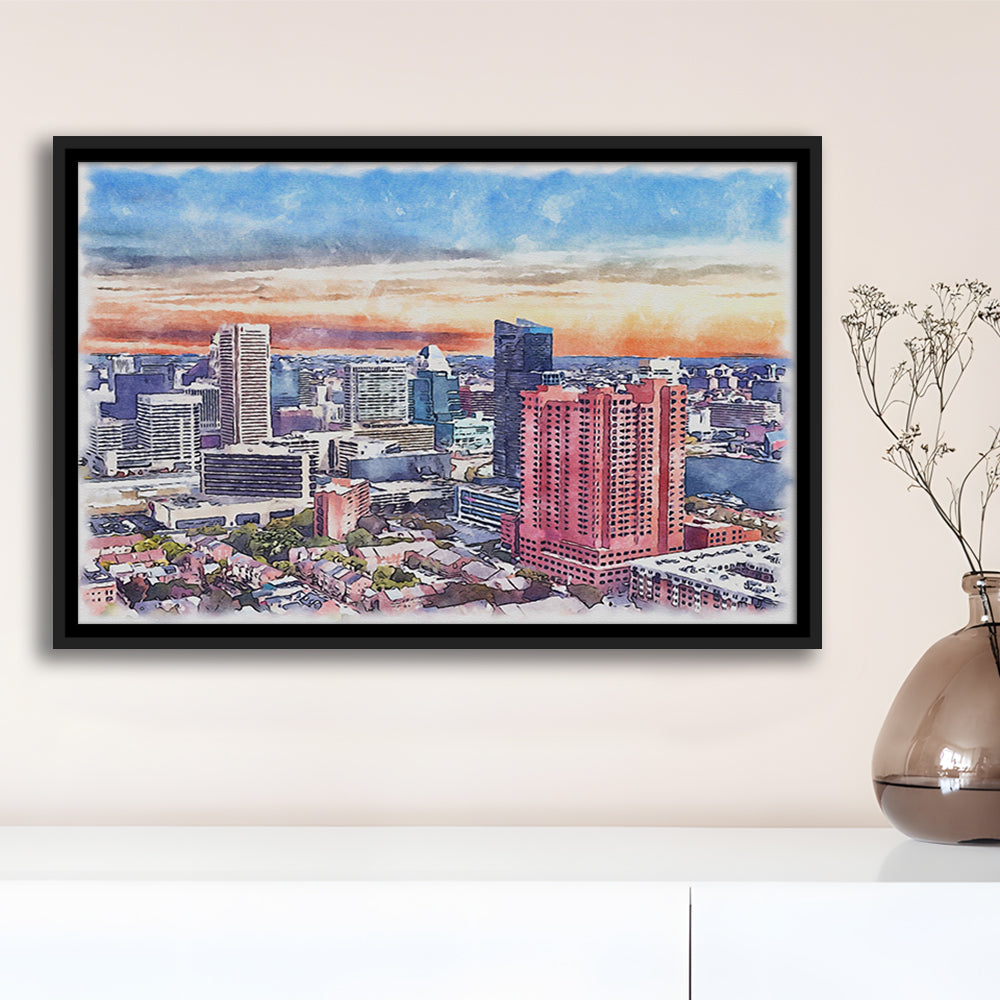 Baltimore Watercolor, Baltimore Maryland, Sport Gift Art, Framed Canvas Print Wall Art