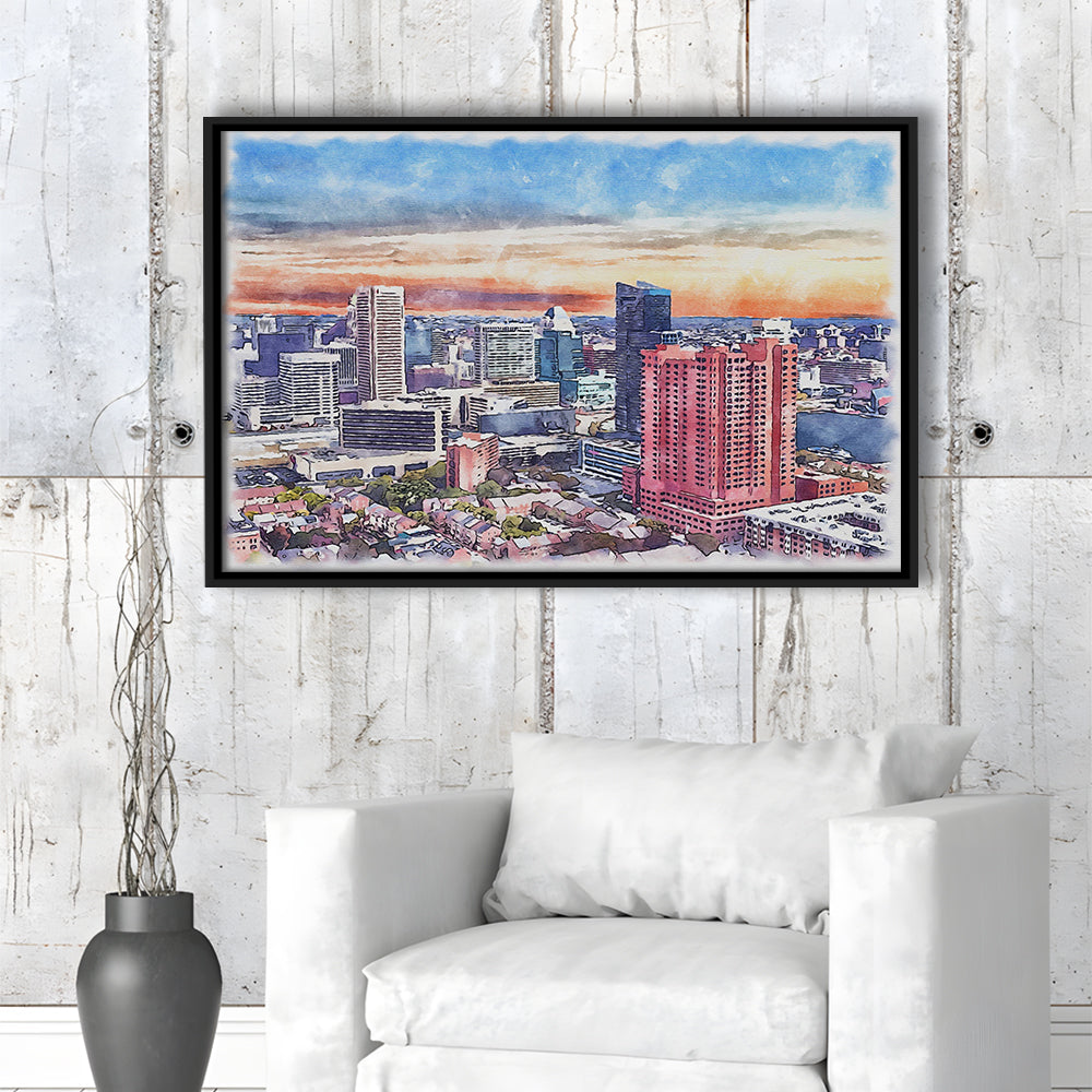 Baltimore Watercolor, Baltimore Maryland, Sport Gift Art, Framed Canvas Print Wall Art