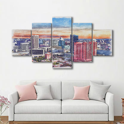 Baltimore Watercolor, Baltimore Maryland, Sport Art, Mixed 5 Panel, Canvas Print Wall Art