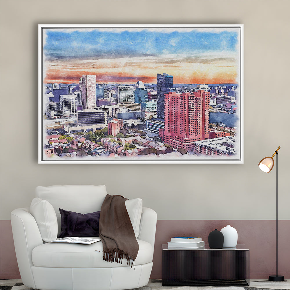 Baltimore Watercolor, Baltimore Maryland, Sport Gift Art, Framed Canvas Print Wall Art