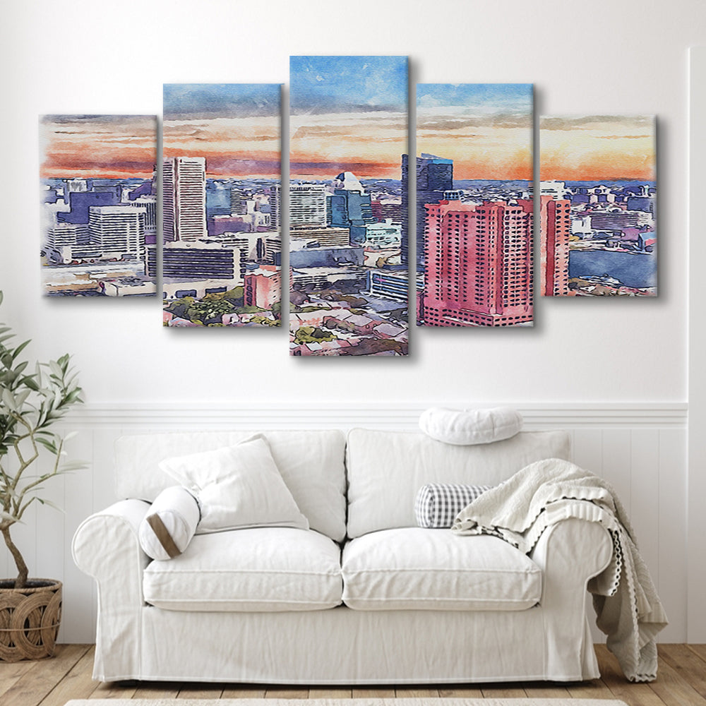 Baltimore Watercolor, Baltimore Maryland, Sport Art, Mixed 5 Panel, Canvas Print Wall Art