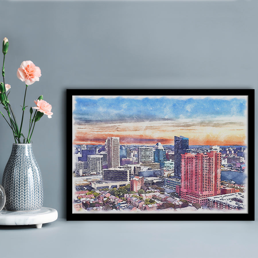 Baltimore Watercolor, Baltimore Maryland, Sport Gift Art, Framed Art Print Wall Decor