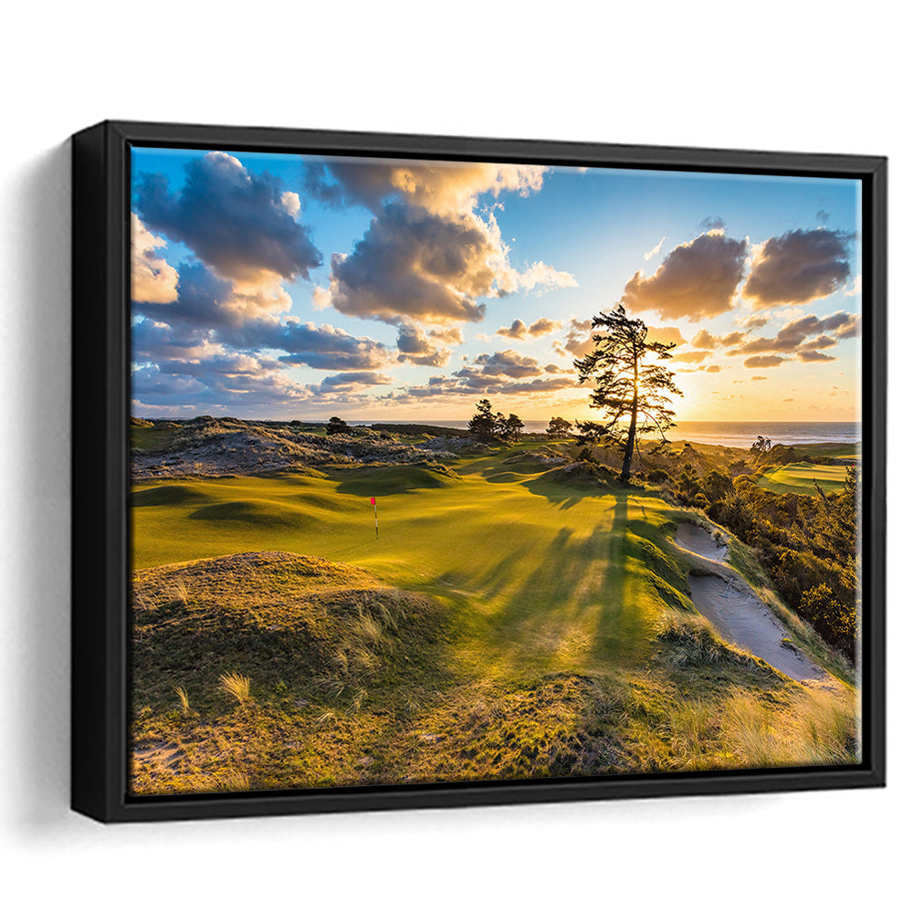 Bandon Preserve Golf Course Hole 11 Sunset 2 Fine Art, Floating Framed Canvas Print Wall Art