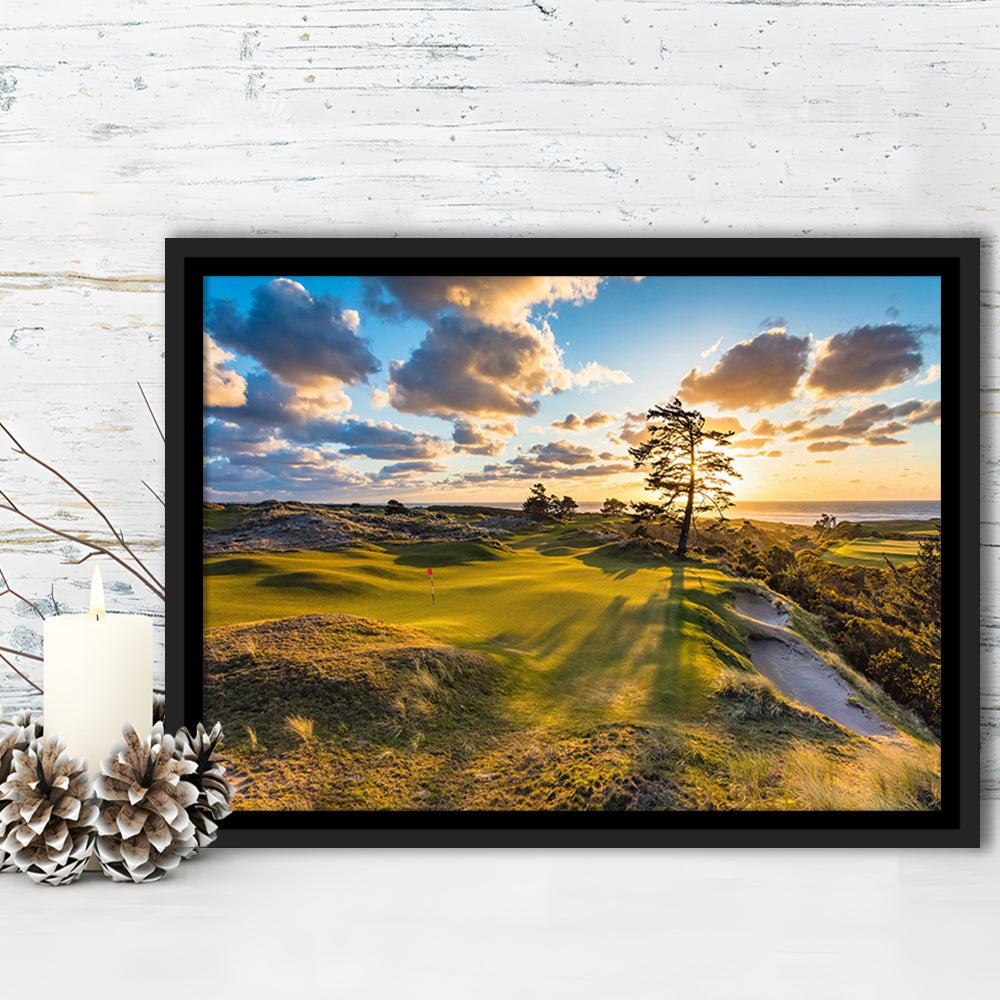 Bandon Preserve Golf Course Hole 11 Sunset 2 Fine Art, Floating Framed Canvas Print Wall Art