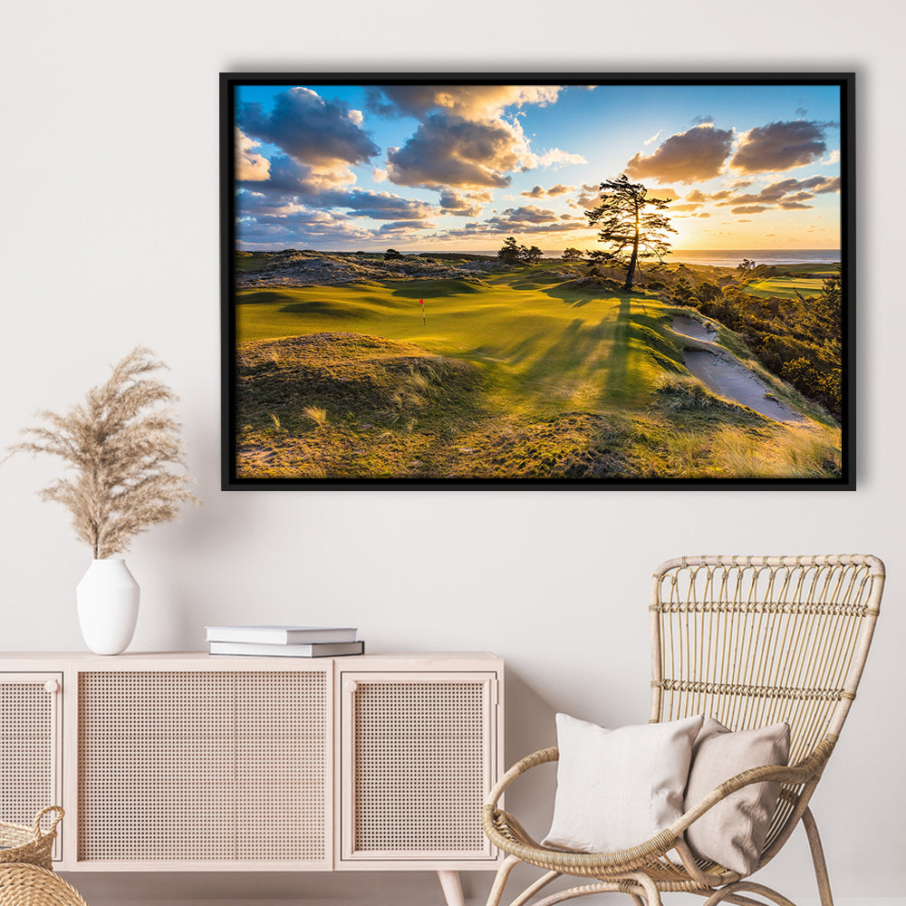Bandon Preserve Golf Course Hole 11 Sunset 2 Fine Art, Floating Framed Canvas Print Wall Art