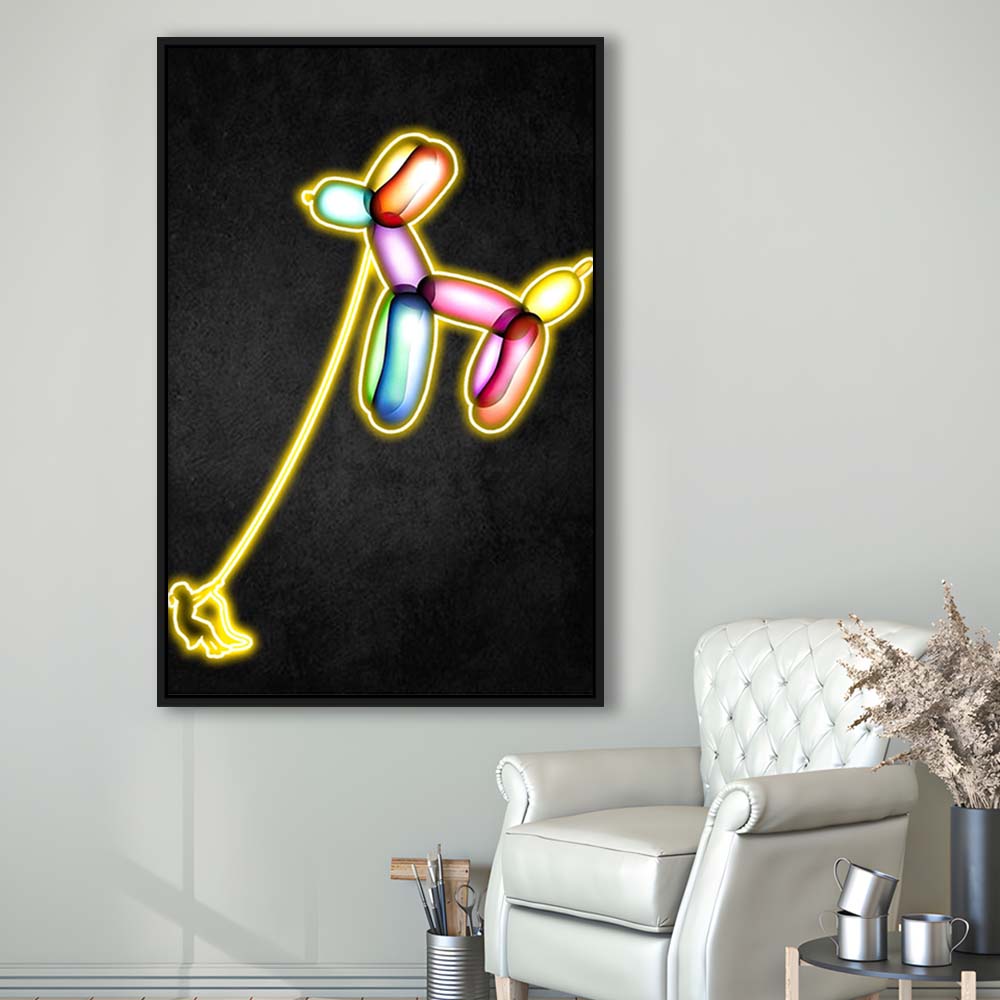 Banksy Balloon Dog, Neon Sign Effect Art, Framed Canvas Print, Floating Frame, Luxury Wall Art Decor