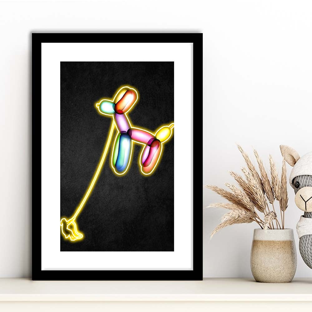 Banksy Balloon Dog, Neon Sign Effect Art, Framed Art Print, Luxury Pictures Framed, White Border