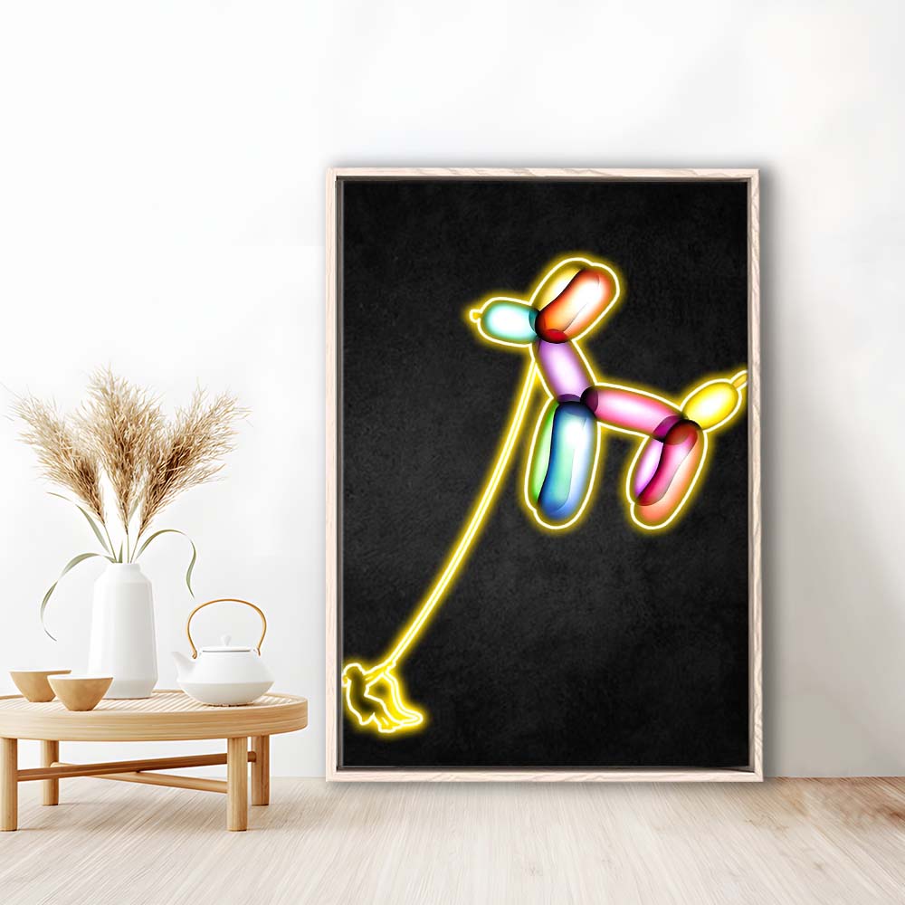 Banksy Balloon Dog, Neon Sign Effect Art, Framed Canvas Print, Floating Frame, Luxury Wall Art Decor