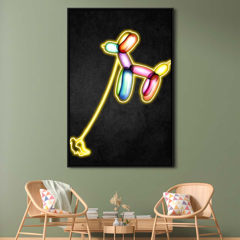 Banksy Balloon Dog, Neon Sign Effect Art, Framed Canvas Print, Floating Frame, Luxury Wall Art Decor
