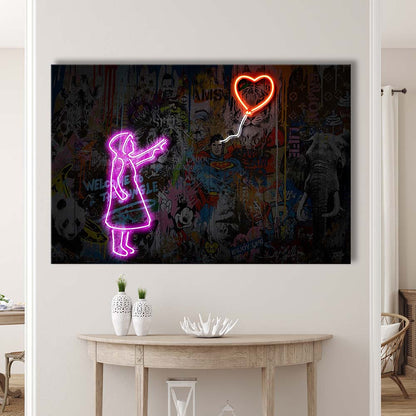 Banksy Girl With Balloon Neon Sign Art Print, Canvas Print Wall Art, Wall Decor, Neon Effect Art