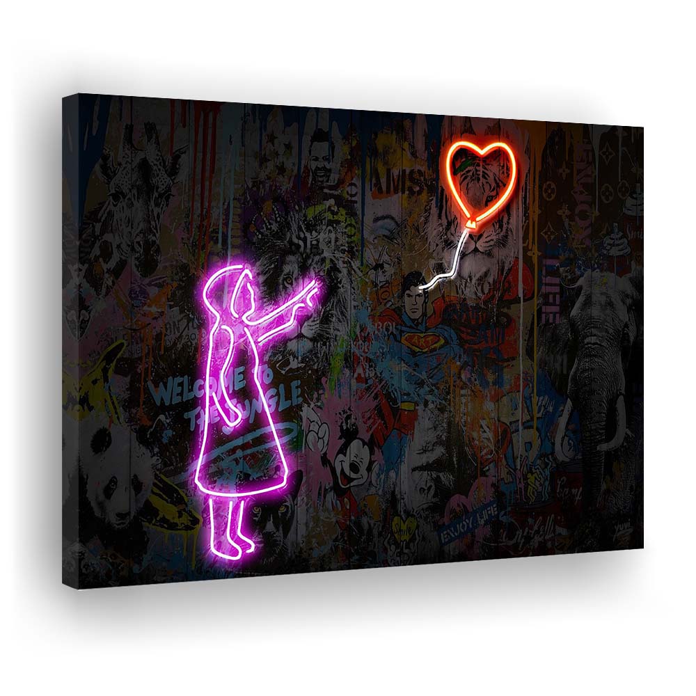 Banksy Girl With Balloon Neon Sign Art Print, Canvas Print Wall Art, Wall Decor, Neon Effect Art