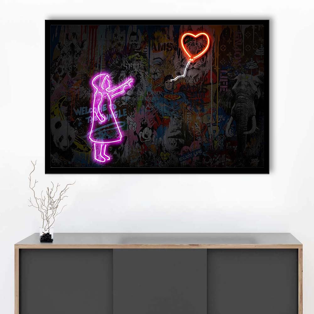 Banksy Girl With Balloon Neon Sign Art Print, Framed Art Print Wall Decor, Neon Art Print, Picture Framed