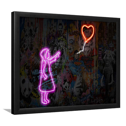 Banksy Girl With Balloon Neon Sign Art Print, Framed Art Print Wall Decor, Neon Art Print, Picture Framed
