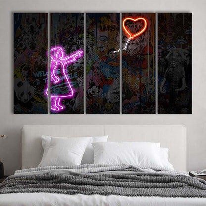 Banksy Girl With Balloon Neon Sign Art Print, Extra Large 5 Panels Multi Canvas Print Wall Art, Home Decor