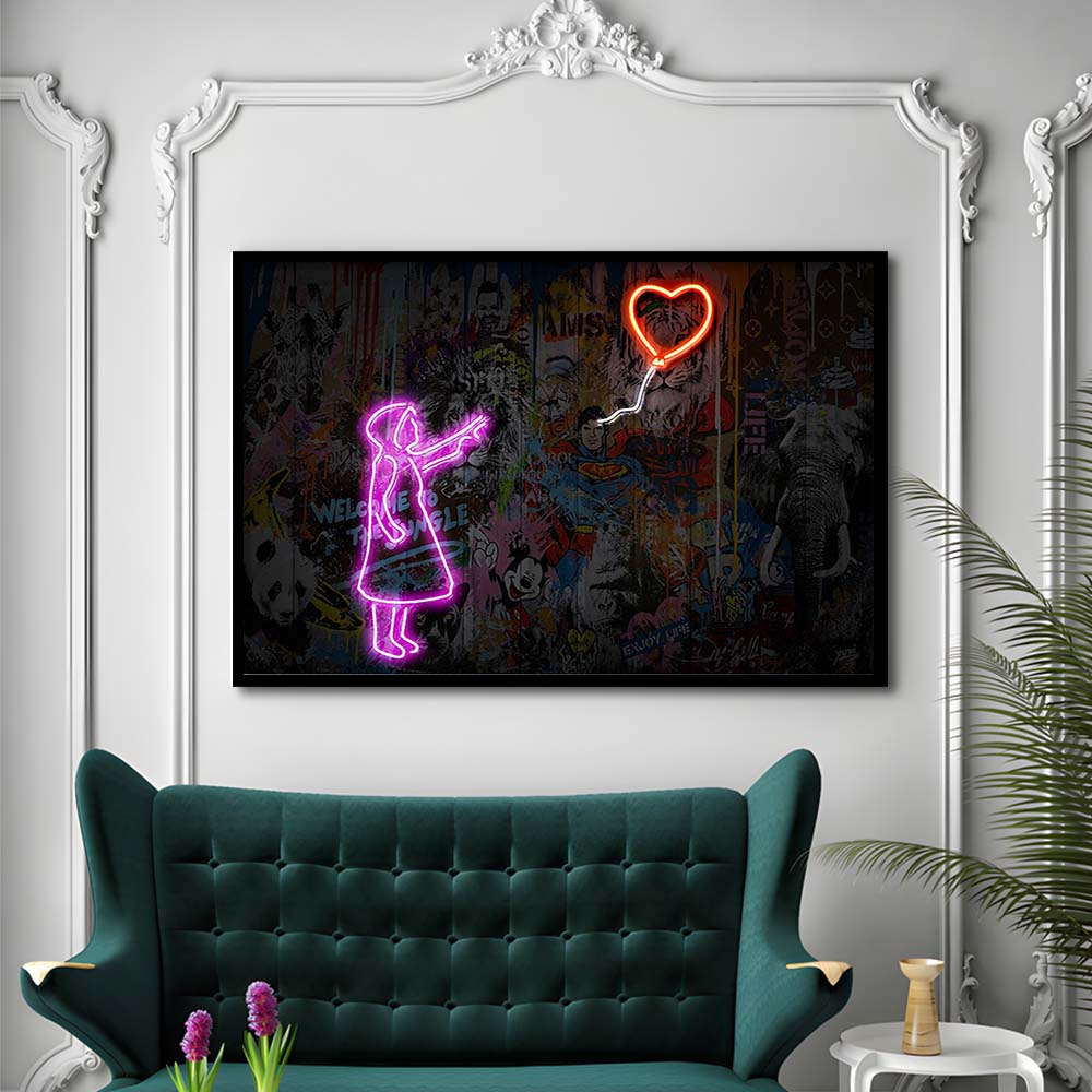 Banksy Girl With Balloon Neon Sign Art Print, Framed Art Print Wall Decor, Neon Art Print, Picture Framed