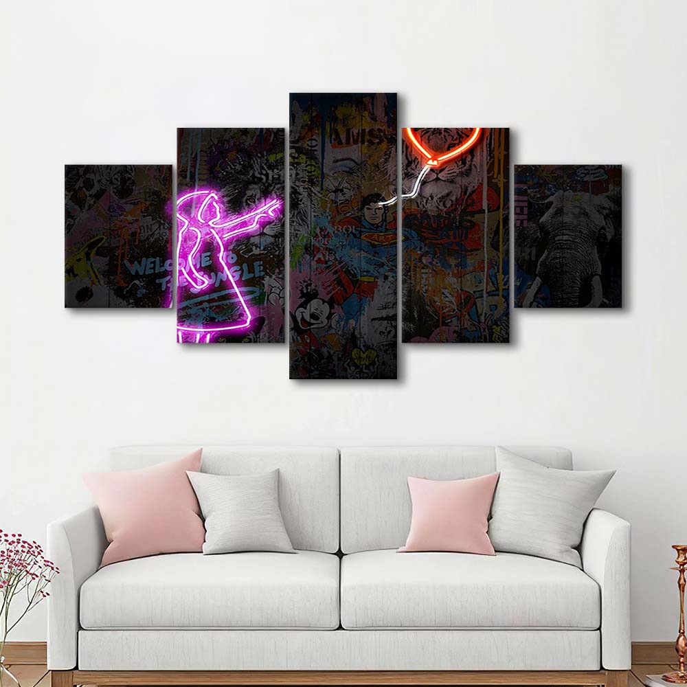 Banksy Girl With Balloon Neon Sign Art Print, 5 Panel Mixed Canvas Print Wall Art, Home Decor, Neon Canvas