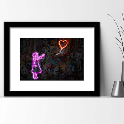 Banksy Girl With Balloon Neon Sign Art Print, Framed Art Print Wall Decor, White Border, Framed Picture