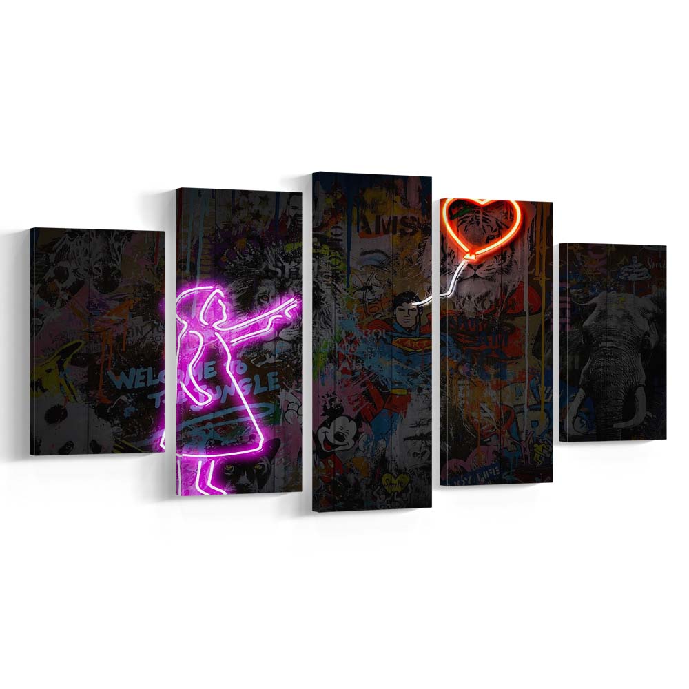 Banksy Girl With Balloon Neon Sign Art Print, 5 Panel Mixed Canvas Print Wall Art, Home Decor, Neon Canvas