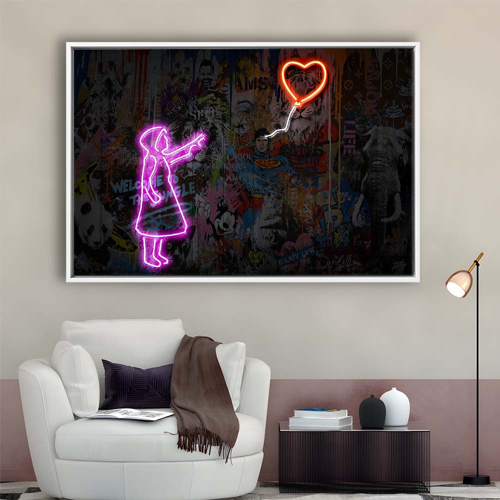 Banksy Girl With Balloon Neon Sign Art Print, Framed Canvas Print Wall Art Decor, Floating Frame, Neon Effect Art
