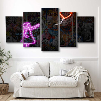 Banksy Girl With Balloon Neon Sign Art Print, 5 Panel Mixed Canvas Print Wall Art, Home Decor, Neon Canvas