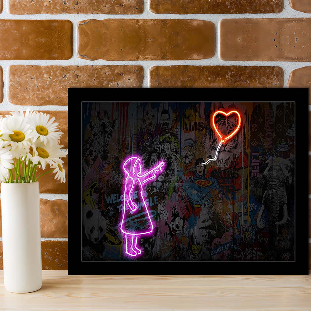 Banksy Girl With Balloon Neon Sign Art Print, Framed Art Print Wall Decor, Neon Art Print, Picture Framed