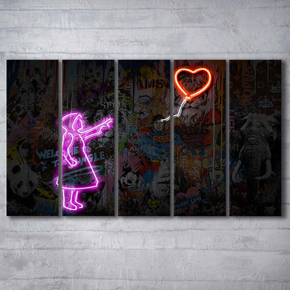 Banksy Girl With Balloon Neon Sign Art Print, Extra Large 5 Panels Multi Canvas Print Wall Art, Home Decor