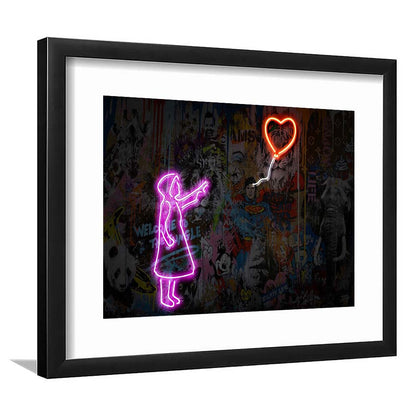 Banksy Girl With Balloon Neon Sign Art Print, Framed Art Print Wall Decor, White Border, Framed Picture