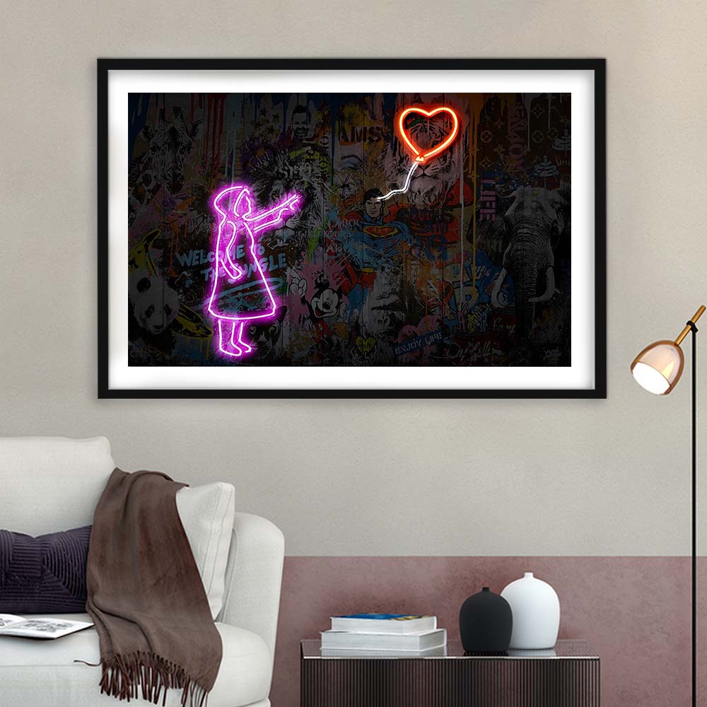 Banksy Girl With Balloon Neon Sign Art Print, Framed Art Print Wall Decor, White Border, Framed Picture