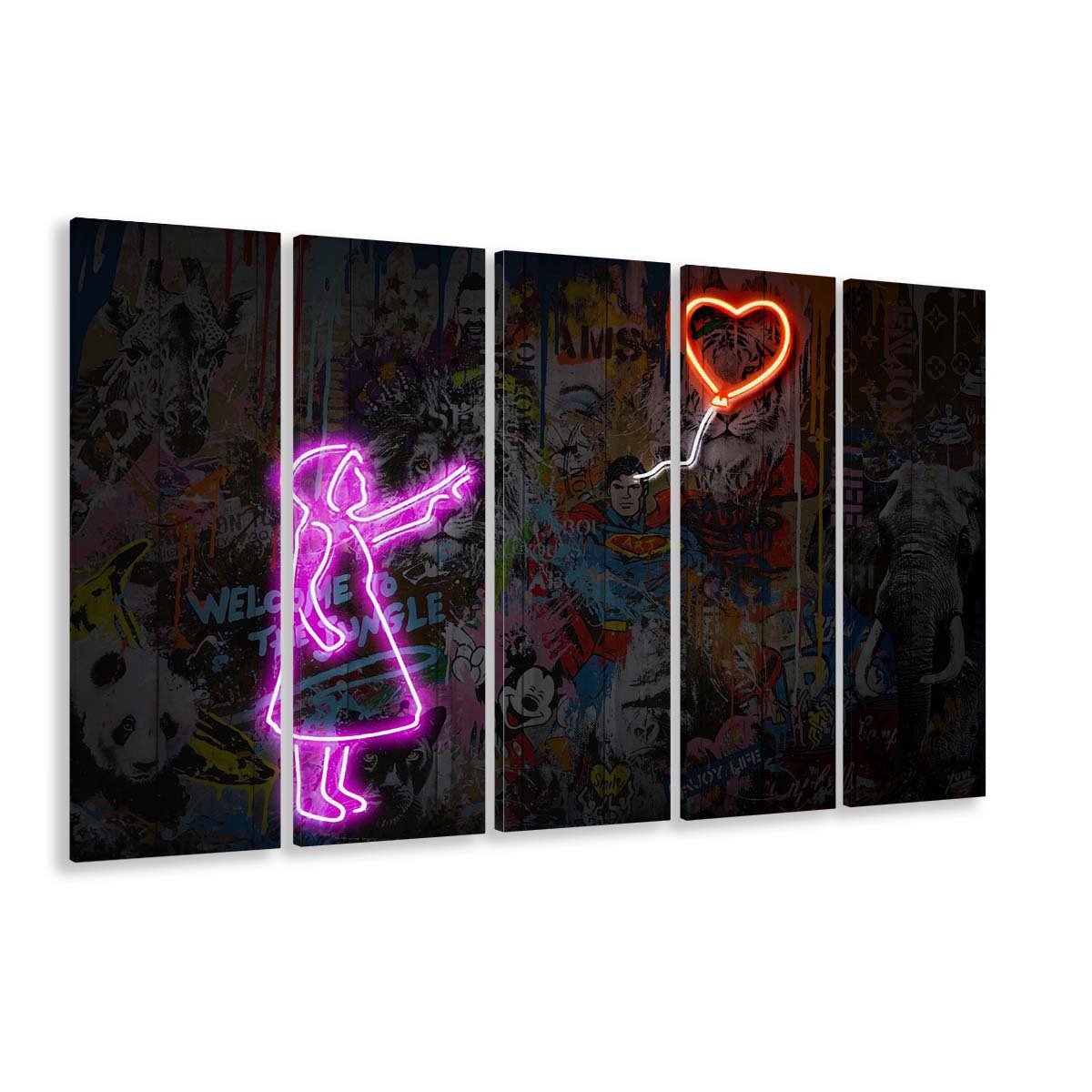 Banksy Girl With Balloon Neon Sign Art Print, Extra Large 5 Panels Multi Canvas Print Wall Art, Home Decor