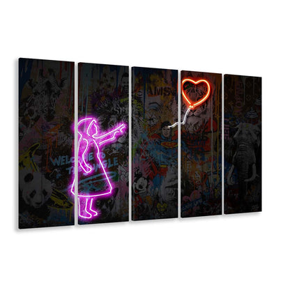 Banksy Girl With Balloon Neon Sign Art Print, Extra Large 5 Panels Multi Canvas Print Wall Art, Home Decor