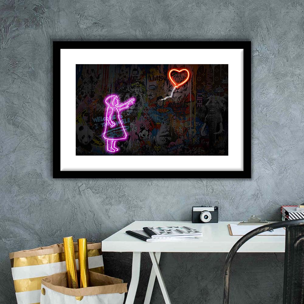 Banksy Girl With Balloon Neon Sign Art Print, Framed Art Print Wall Decor, White Border, Framed Picture