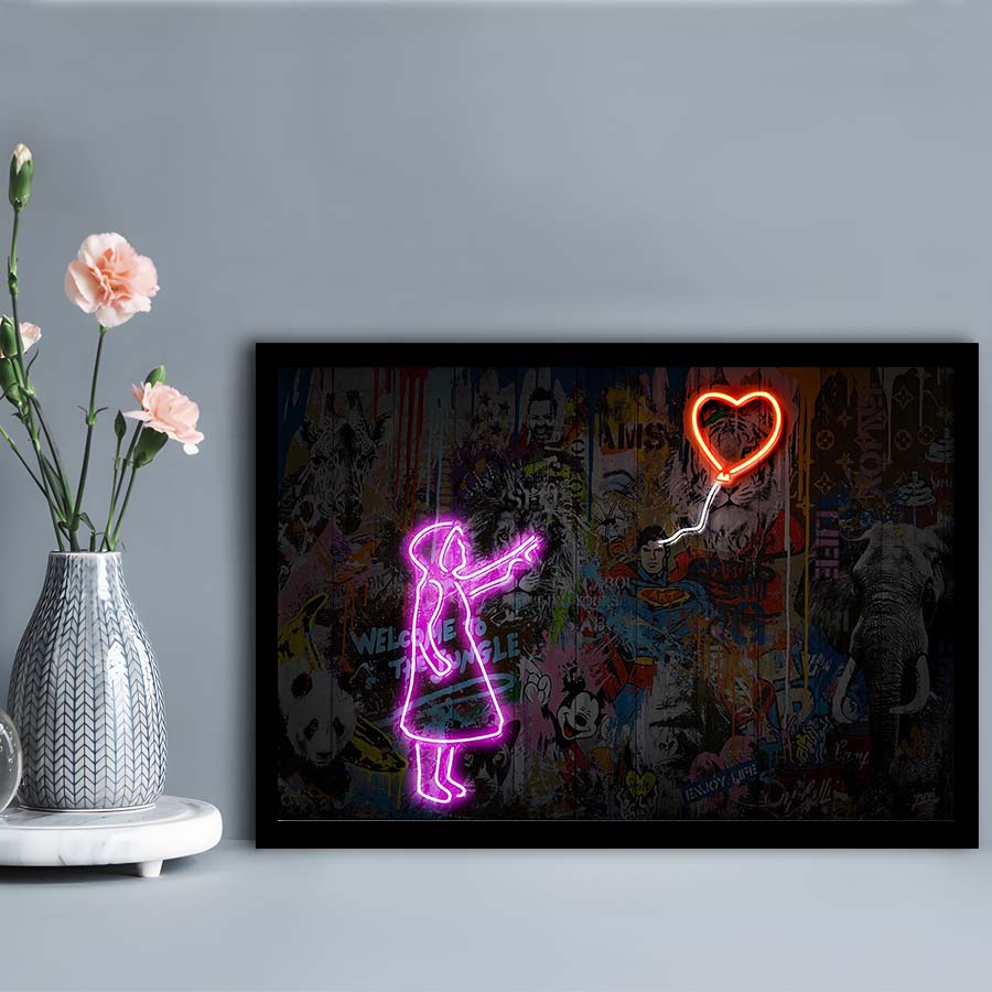 Banksy Girl With Balloon Neon Sign Art Print, Framed Art Print Wall Decor, Neon Art Print, Picture Framed