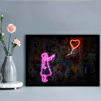 Banksy Girl With Balloon Neon Sign Art Print, Framed Art Print Wall Decor, Neon Art Print, Picture Framed