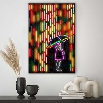 Banksy Girl With Umbrella In Colorful Rain, Canvas Print, Luxury Wall Art Decor, Modern Art