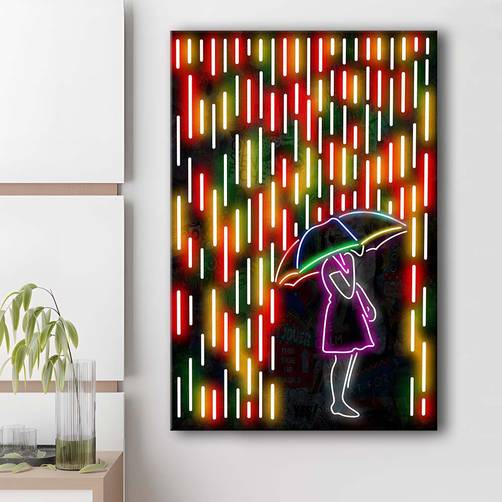 Banksy Girl With Umbrella In Colorful Rain, Canvas Print, Luxury Wall Art Decor, Modern Art