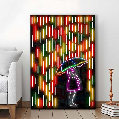 Banksy Girl With Umbrella In Colorful Rain, Canvas Print, Luxury Wall Art Decor, Modern Art