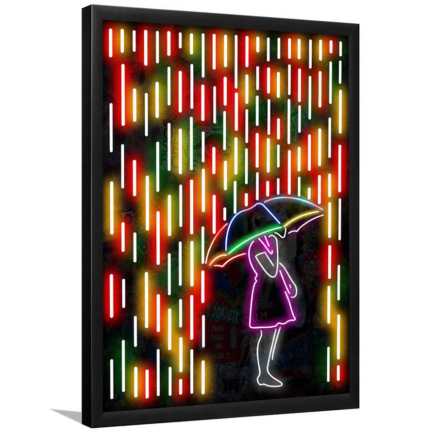 Banksy Girl With Umbrella In Colorful Rain, Framed Art Print, Picture Framed Wall Art Decor