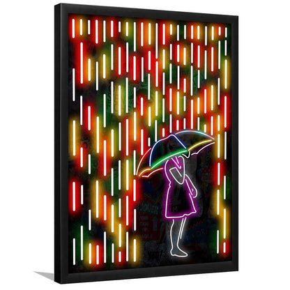 Banksy Girl With Umbrella In Colorful Rain, Framed Art Print, Picture Framed Wall Art Decor