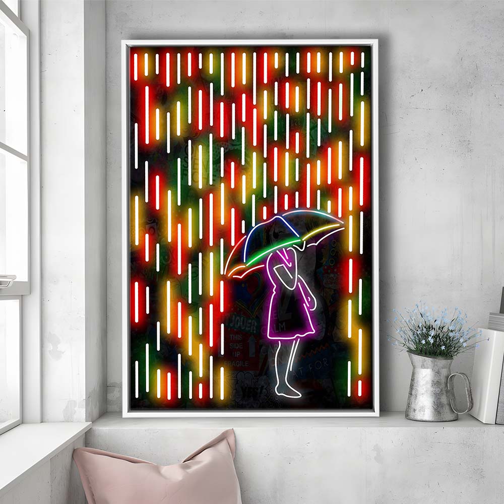 Banksy Girl With Umbrella In Colorful Rain, Framed Canvas Print, Floating Frame, Luxury Wall Art Decor
