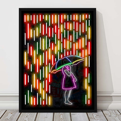 Banksy Girl With Umbrella In Colorful Rain, Framed Canvas Print, Floating Frame, Luxury Wall Art Decor