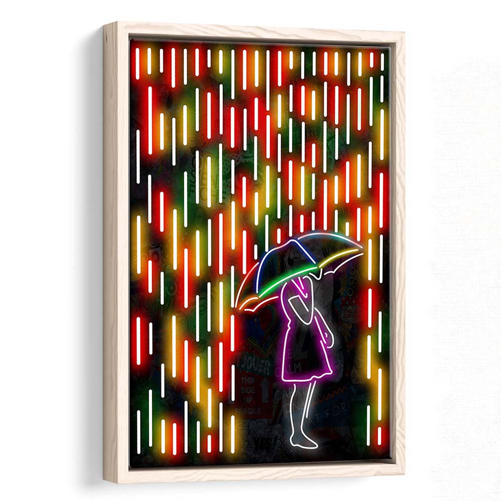 Banksy Girl With Umbrella In Colorful Rain, Framed Canvas Print, Floating Frame, Luxury Wall Art Decor