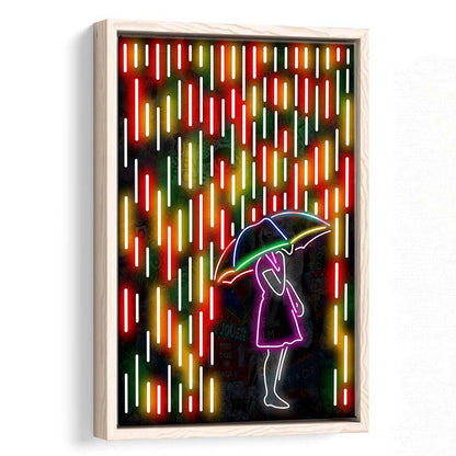 Banksy Girl With Umbrella In Colorful Rain, Framed Canvas Print, Floating Frame, Luxury Wall Art Decor