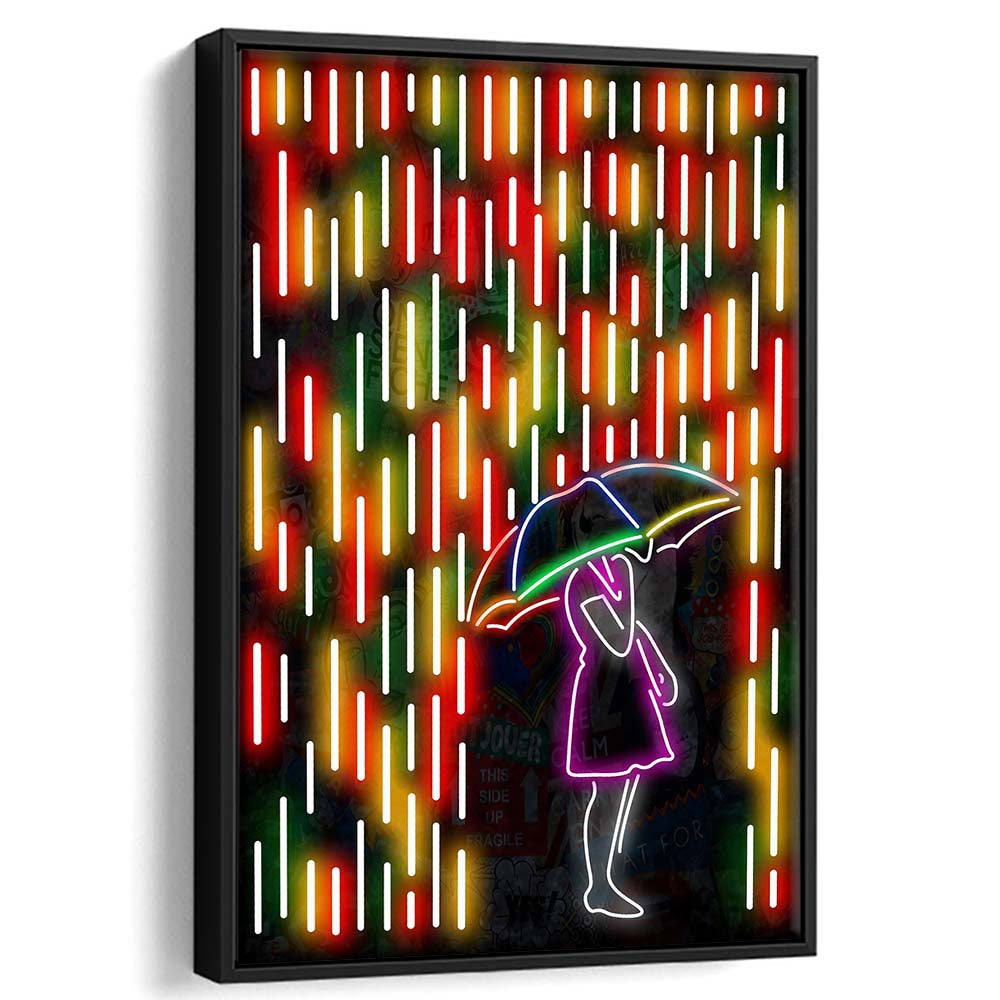 Banksy Girl With Umbrella In Colorful Rain, Framed Canvas Print, Floating Frame, Luxury Wall Art Decor