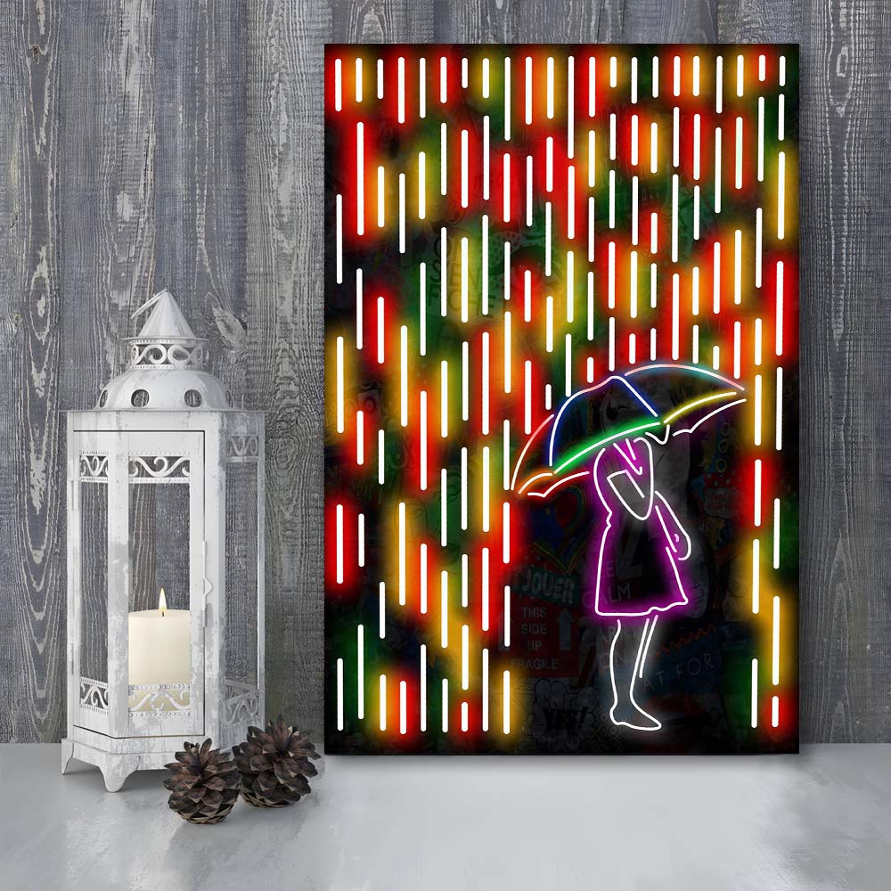 Banksy Girl With Umbrella In Colorful Rain, Canvas Print, Luxury Wall Art Decor, Modern Art