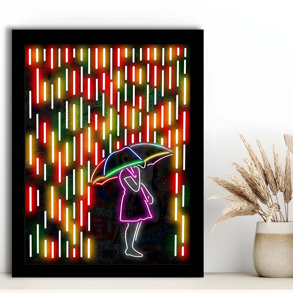 Banksy Girl With Umbrella In Colorful Rain, Framed Art Print, Picture Framed Wall Art Decor
