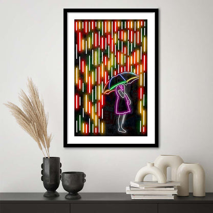 Banksy Girl With Umbrella In Colorful Rain, Framed Art Print, Luxury Pictures Framed, White Border