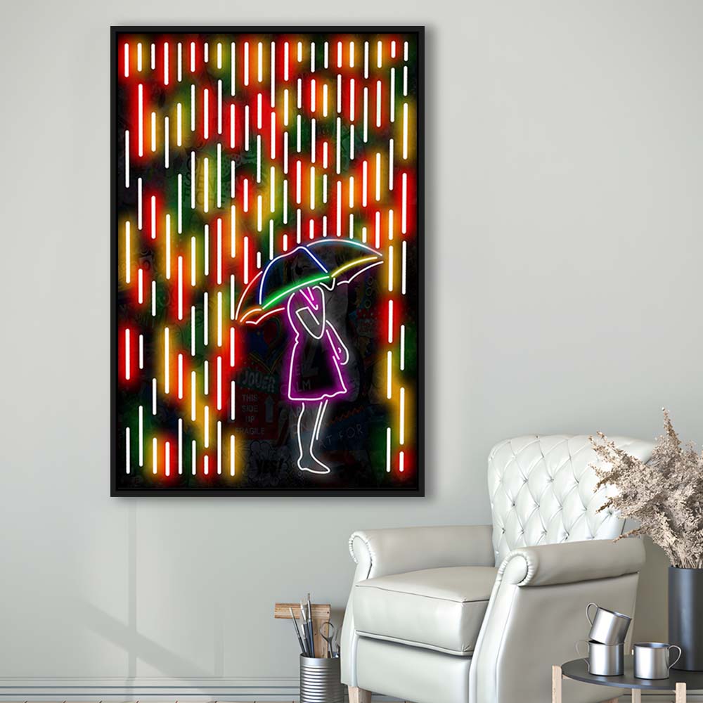 Banksy Girl With Umbrella In Colorful Rain, Framed Canvas Print, Floating Frame, Luxury Wall Art Decor