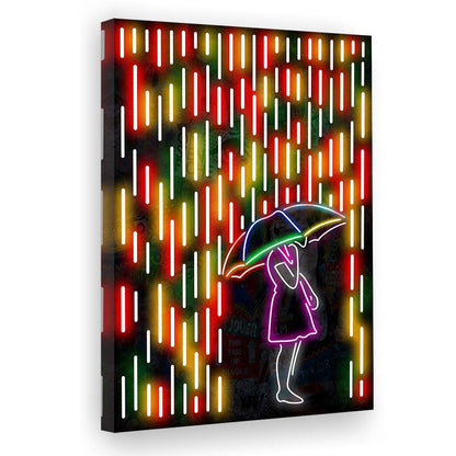 Banksy Girl With Umbrella In Colorful Rain, Canvas Print, Luxury Wall Art Decor, Modern Art