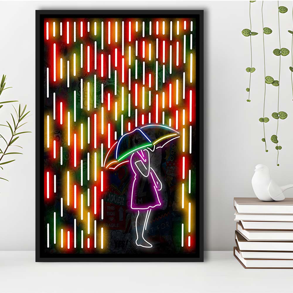 Banksy Girl With Umbrella In Colorful Rain, Framed Canvas Print, Floating Frame, Luxury Wall Art Decor