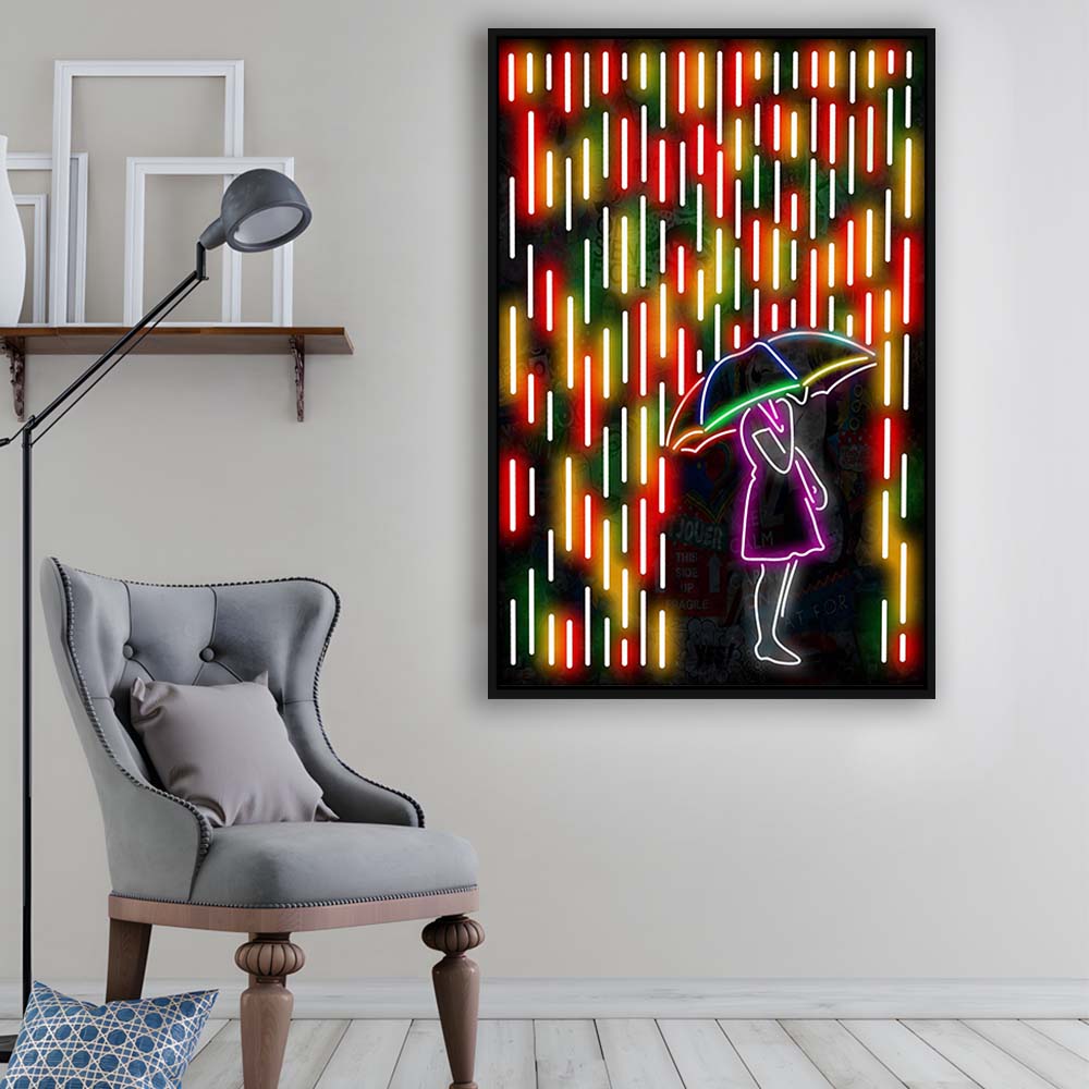 Banksy Girl With Umbrella In Colorful Rain, Framed Canvas Print, Floating Frame, Luxury Wall Art Decor